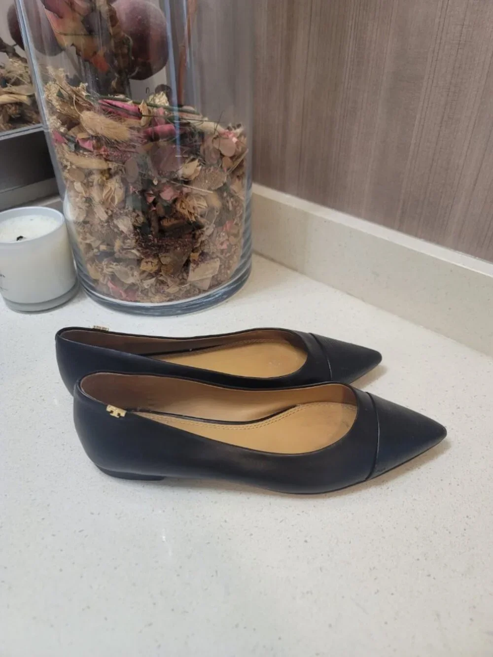 Tory Burch Penelope Pointed Toe Leather Flats Black Size 7.5 M